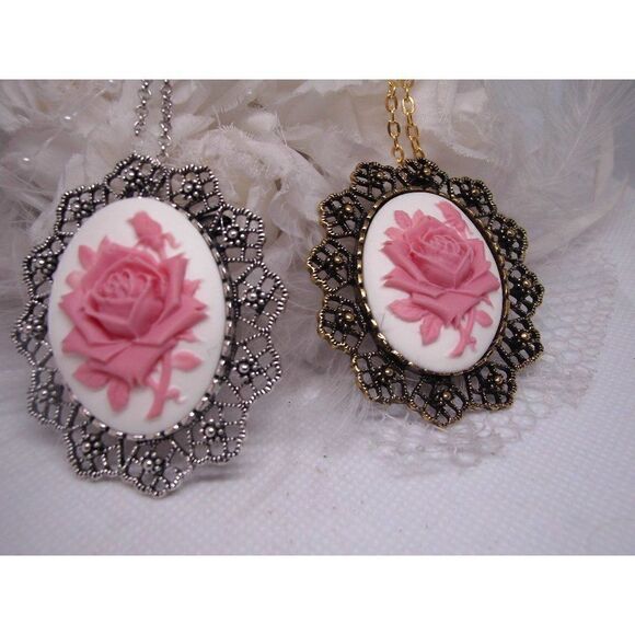 Pink Rose Cameo Necklace Brooch Pin Silver Gold - Picture 1 of 5